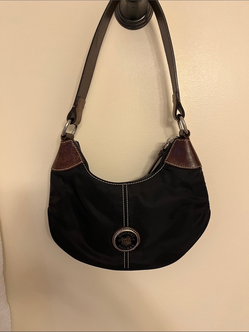 Vintage Dooney & Bourke Black Nylon Shoulder Bag with Brown Leather Trim